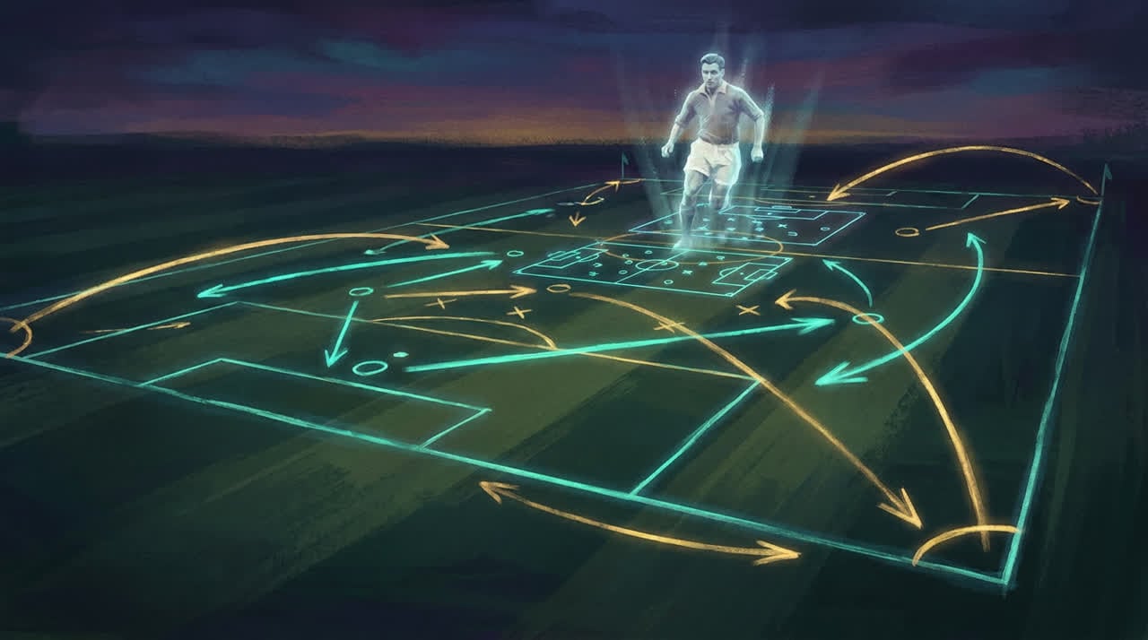 Tactical chalkboard over a football pitch